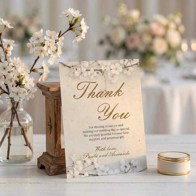 Cartão De Agradecimento White Cherry Blossom & Gold Script Wedding (Criador carregado)