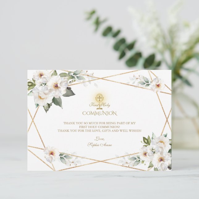 Cartão De Agradecimento White Cream Floral Gold Girl First Holy Communion  (Em pé/Frente)
