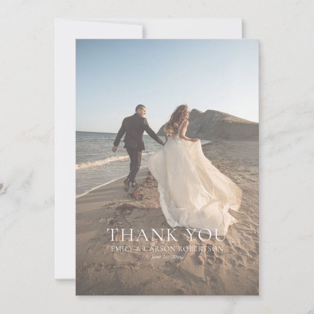 Cartão De Agradecimento White Faded Photo Bride & Groom Monogram Wedding (Frente)