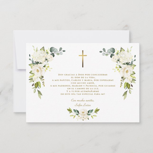 Cartão De Agradecimento White Floral Gracias Con Oración Bautizo (Frente)