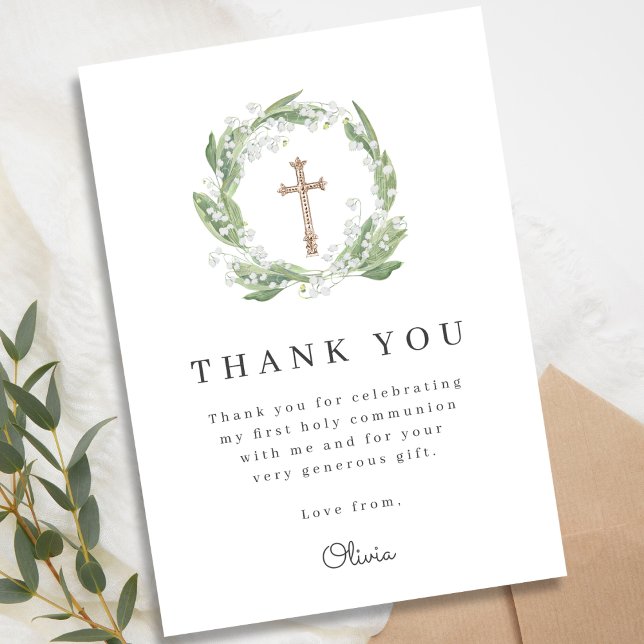 Cartão De Agradecimento White Floral Greenery Primeira Comunhão (Criador carregado)