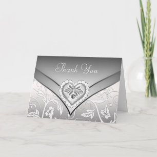 Cartão De Agradecimento White Silver Diamond Heart Thank You Cards