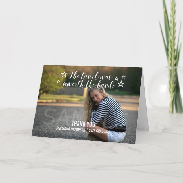 Cartão De Agradecimento White Tassel Worth Hassle Graduação Obrigado (Frente)