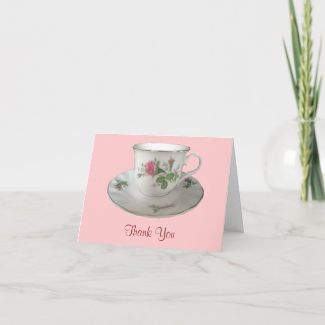 Cartão De Agradecimento White Teacup and Saucer with PinkRoses Obrigado (Frente)