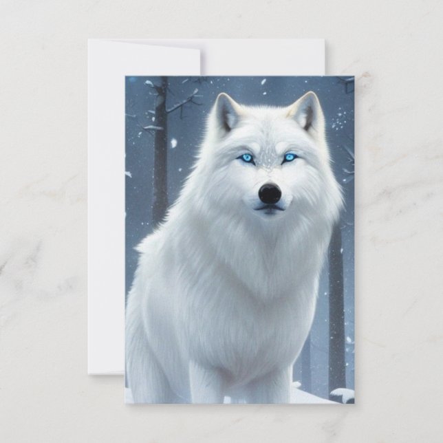 Cartão De Agradecimento White Wolf Blue Eyes Original Fantasy Art (Frente)