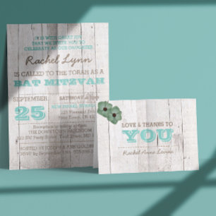 Cartão De Agradecimento Whitewash Teal Bat Mitzvah Obrigado Nota