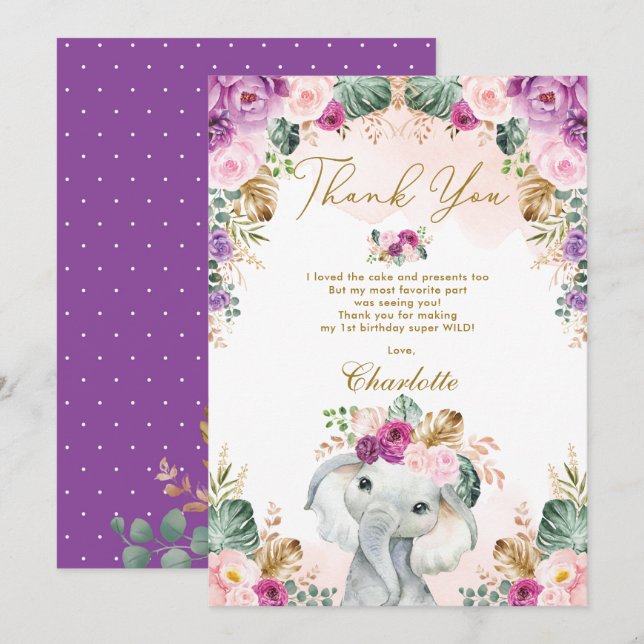 Cartão De Agradecimento Wild One Boho Elephant Pink Purple Floral Birthday (Frente/Verso)