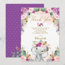 Cartão De Agradecimento Wild One Boho Elephant Pink Purple Floral Birthday
