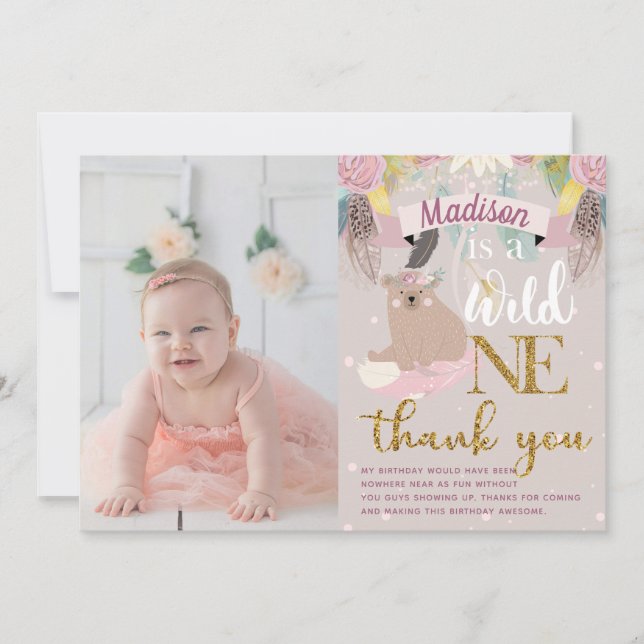 Cartão De Agradecimento Wild One Girl Birthday Obrigado (Frente)