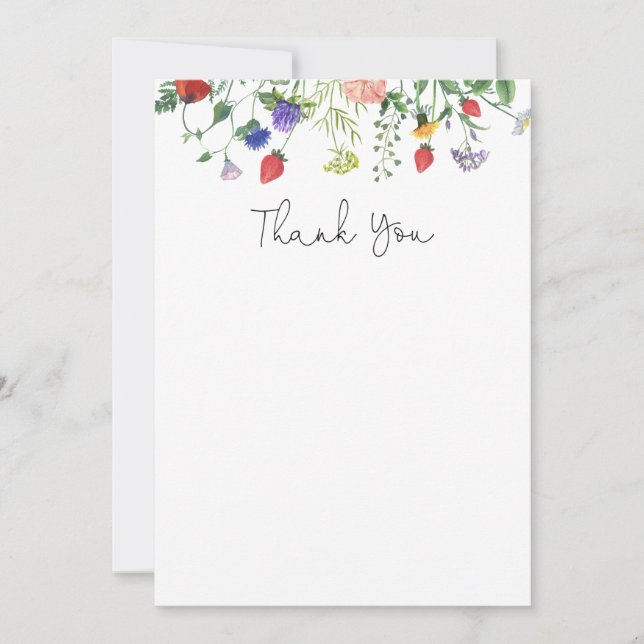 Cartão De Agradecimento Wildflower e Strawberry Obrigado (Frente)