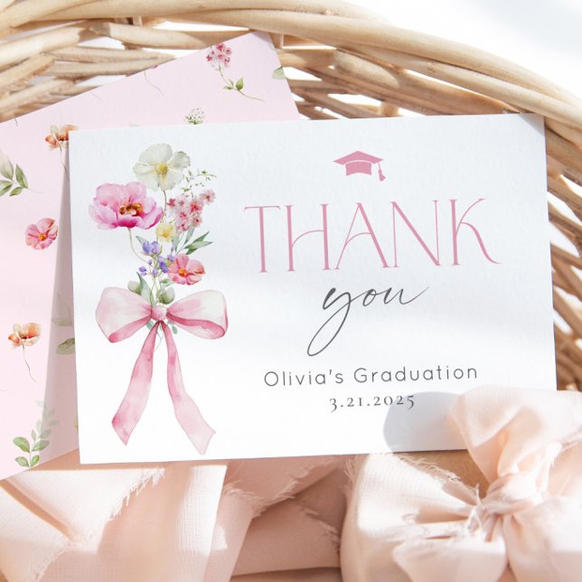 Cartão De Agradecimento Wildflower Floral Pink Bow Graduation (Criador carregado)