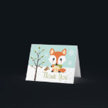 CARTÃO DE AGRADECIMENTO WINTER BABY FOX NO FRALDA OBRIGADO<br><div class="desc">Uma raposa doce veste um par de fraldas amarelas com um pino de fralda correspondente e mantém-se quente com um lenço verde giro e aconchegante, listrado. Uma pequena mãe salto de pássaros perto da raposa com um galho sagrado entre o bico. Um bosque festivo e sazonal, um floco de neve...</div>