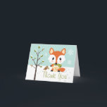 CARTÃO DE AGRADECIMENTO WINTER BABY FOX NO FRALDA OBRIGADO<br><div class="desc">Uma raposa doce veste um par de fraldas amarelas com um pino de fralda correspondente e mantém-se quente com um lenço verde giro e aconchegante, listrado. Uma pequena mãe salto de pássaros perto da raposa com um galho sagrado entre o bico. Um bosque festivo e sazonal, um floco de neve...</div>