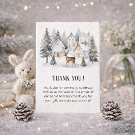 Cartão De Agradecimento Winter Deer in Village Watercolor Baby Shower