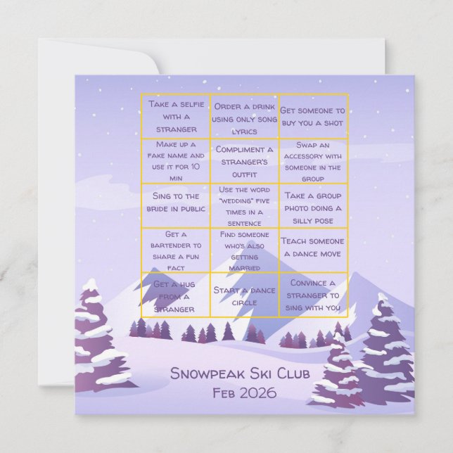 Cartão De Agradecimento Winter Mountains Bachelorette Party Bingo Game (Frente)