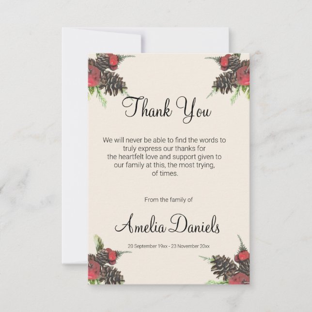 Cartão De Agradecimento Winter Pine Cone and Berry Funeral Thank You Cards (Frente)