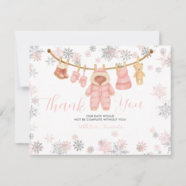 Cartão De Agradecimento Winter Pink Girl Baby Shower Snowflakes Thank You (Frente)