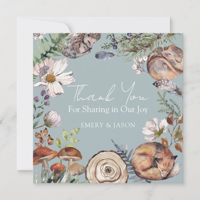Cartão De Agradecimento Woodland Cute Forest Animals Blue Baby Shower (Frente)