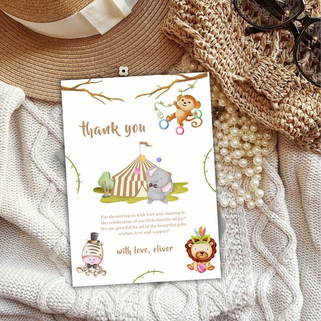 Cartão De Agradecimento Woodland Safari Animal Circus Chá de fraldas (Woodland Safari Animal Circus Baby Shower Thank You Card)