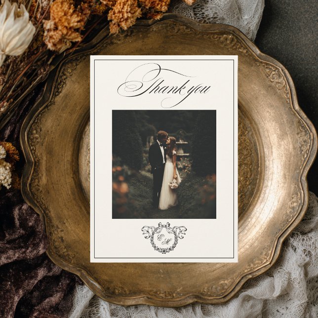 Cartão De Agradecimento Wreath Monogram Elegant Calligraphy Wedding (Criador carregado)