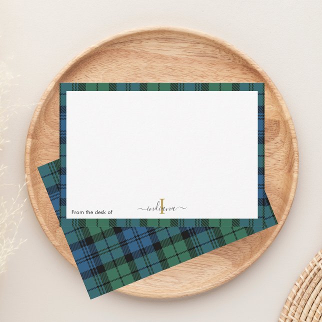 Cartão De Agradecimento Xadrez Verde Monograma Script Russo Nome Tartan (Plaid Monogram Campbell Tartan Notecard)