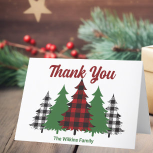 Cartão De Agradecimento Xadrez Vermelha Árvores de Natal Feliz, Dobradas