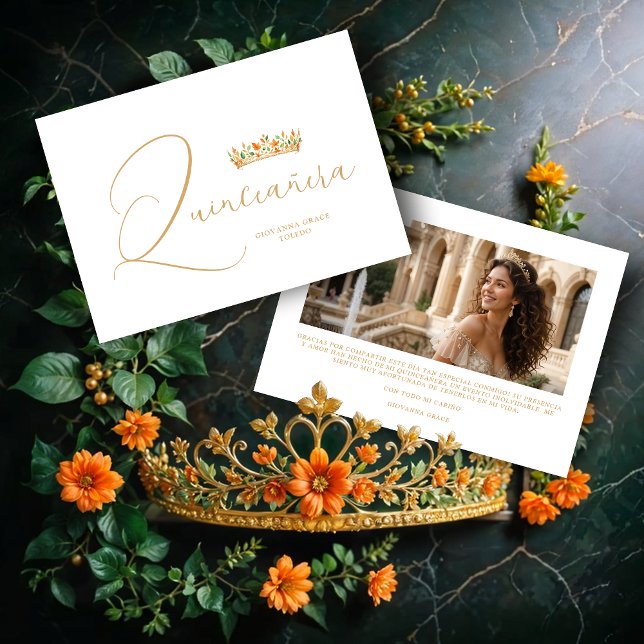 Cartão De Agradecimento XVs Sophisticated Colorful Tiara & Elegant Script (Sophisticated Colorful Princess Tiara & Elegant Script Photo Quinceañera Thank You Cards.)