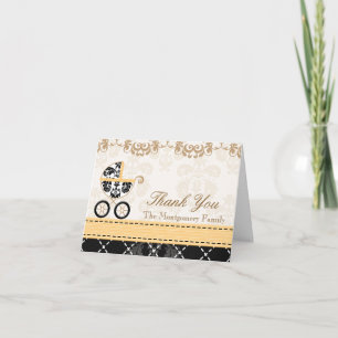 Cartão De Agradecimento YELLOW Black Damask Baby Carriage Shower Thank You