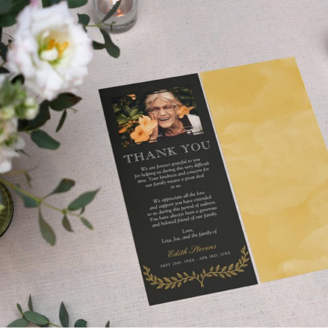 Cartão De Agradecimento Yellow Wreath Photo Sympathy Obrigado (Criador carregado)