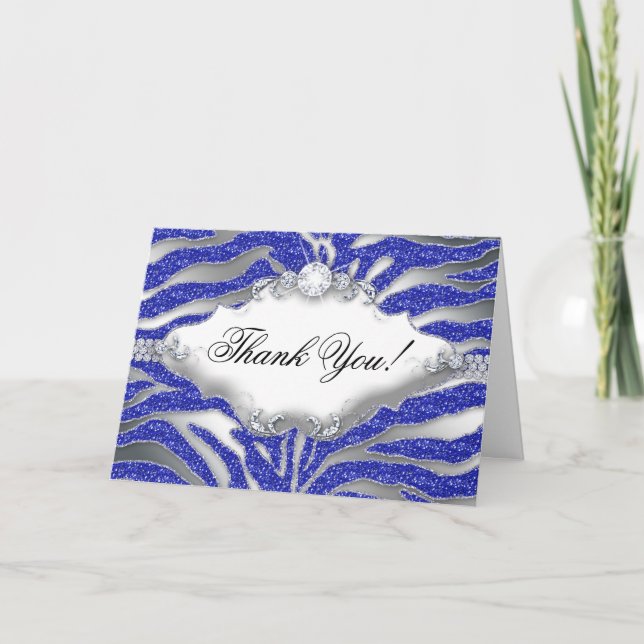 Cartão De Agradecimento Zebra Glitter Obrigado Flor Azul Silver (Frente)