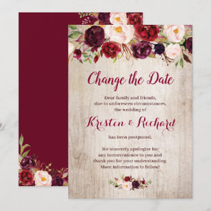 Cartão de Alteração de Data Floral Vermelho Burgun