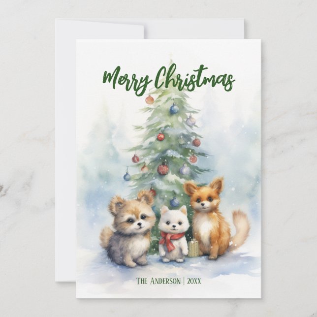 Cartão de Animais Adoráveis de Natal com Aquarela (Frente)