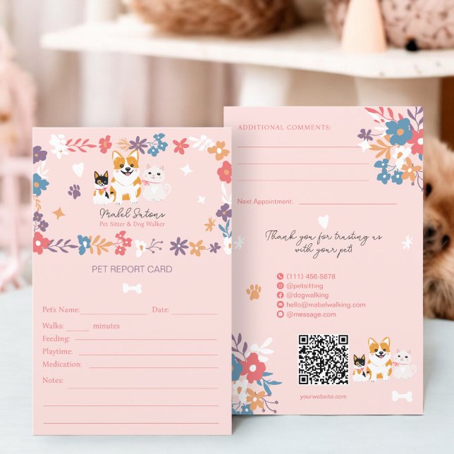 Cartão de animais de estimação (Whimsical pet sitter dog walker pet report card)