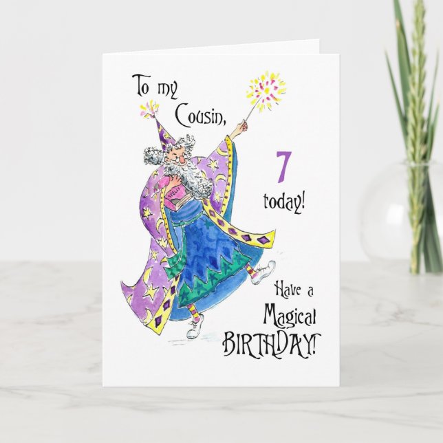 Cartão de Aniversário 7 de Mágico para um Primo (Frente)