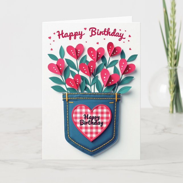 Cartão de Aniversário Alegre com Bolso de Jeans (Frente)