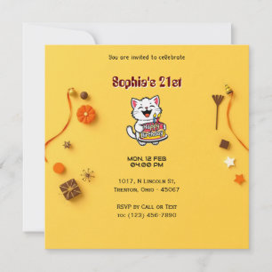 Cartão de Aniversário Amarelo Minimalista com Bolo
