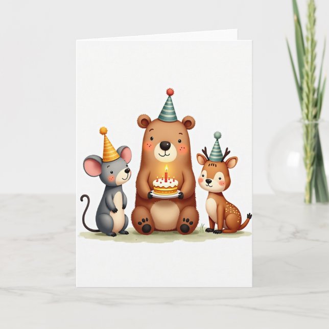 Cartão de Aniversário Amigos Alegres da Floresta (Frente)