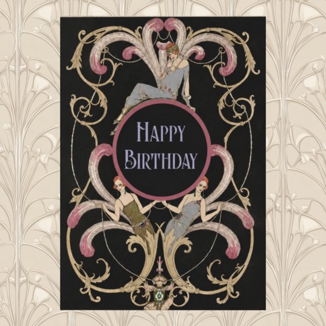 Cartão de Aniversário Art Nouveau Elegante com Vin (Criador carregado)