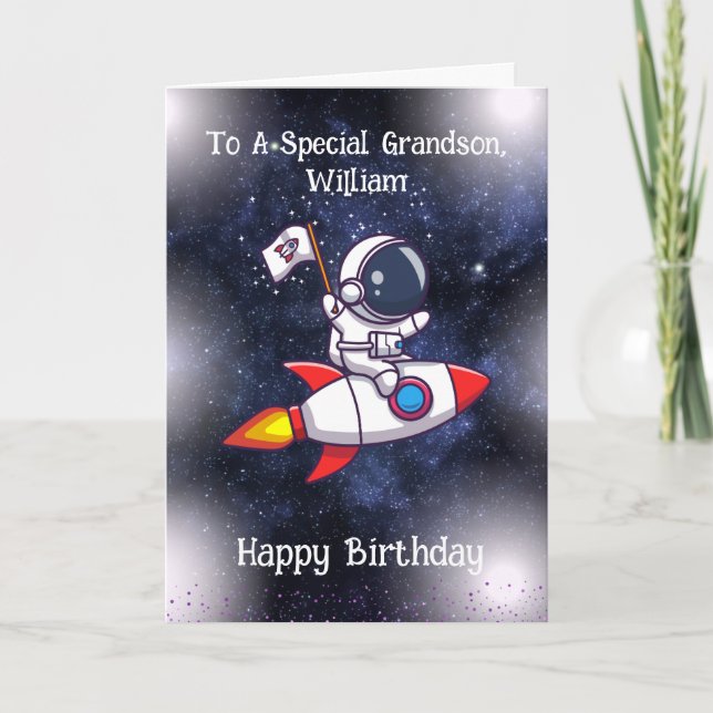 Cartão de aniversário astronauta, texto/nome editá (Frente)