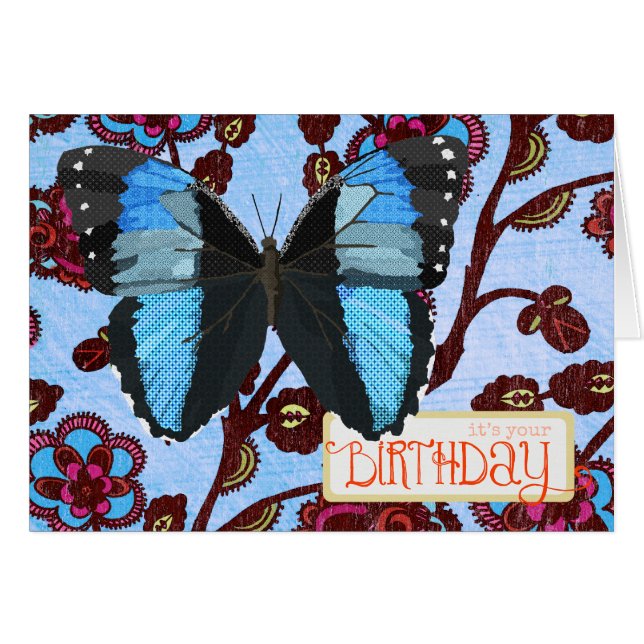Cartão de aniversário azul da borboleta (Frente Horizontal)