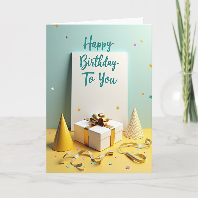 Cartão de Aniversário Azul Turquesa com Confetes (Frente)