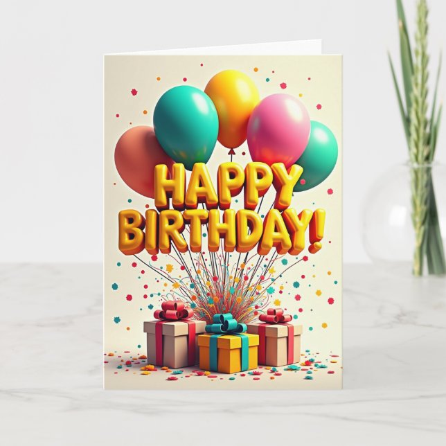 Cartão de Aniversário Balão Dourado Alegre (Frente)