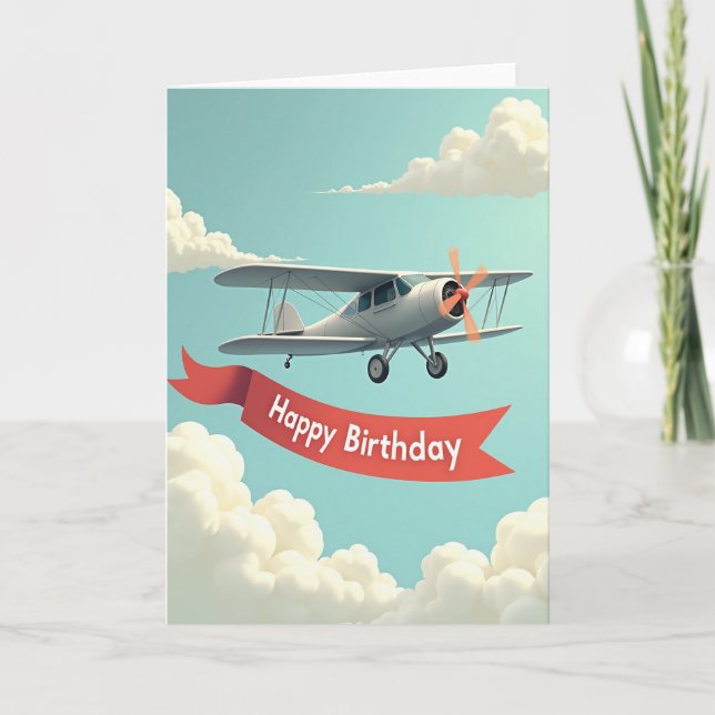 Cartão de Aniversário Biplano no Céu (Frente)