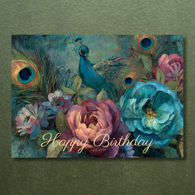 Cartão de Aniversário Boho Pavão Flores e Penas (Boho Peacock Flowers and Feathers Birthday Card Front)
