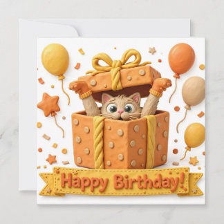 Cartão de Aniversário Caixa de Presente com Gato d