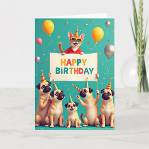 Cartão de Aniversário Caprichoso de Gato e Cachorr