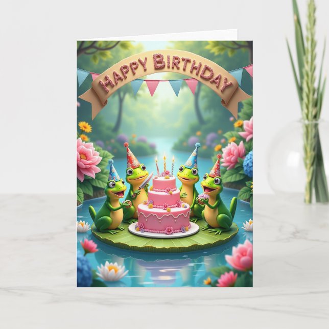 Cartão de Aniversário Caprichoso de Rãs (Frente)