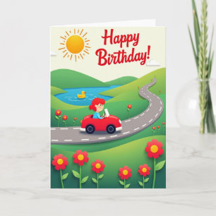 Cartão de Aniversário Carro Vermelho Alegre