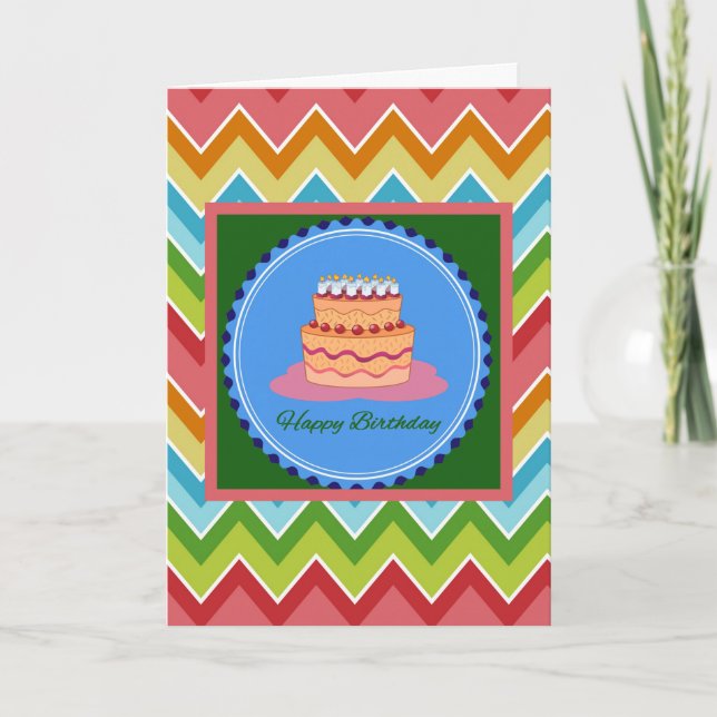 Cartão de Aniversário Chevron com Bolo de Aniversá (Frente)