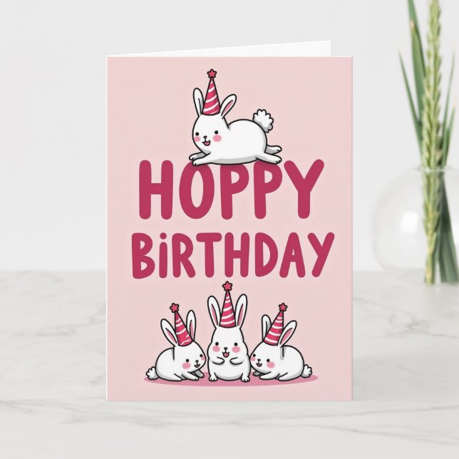 Cartão de Aniversário Coelho Rosa (Frente)